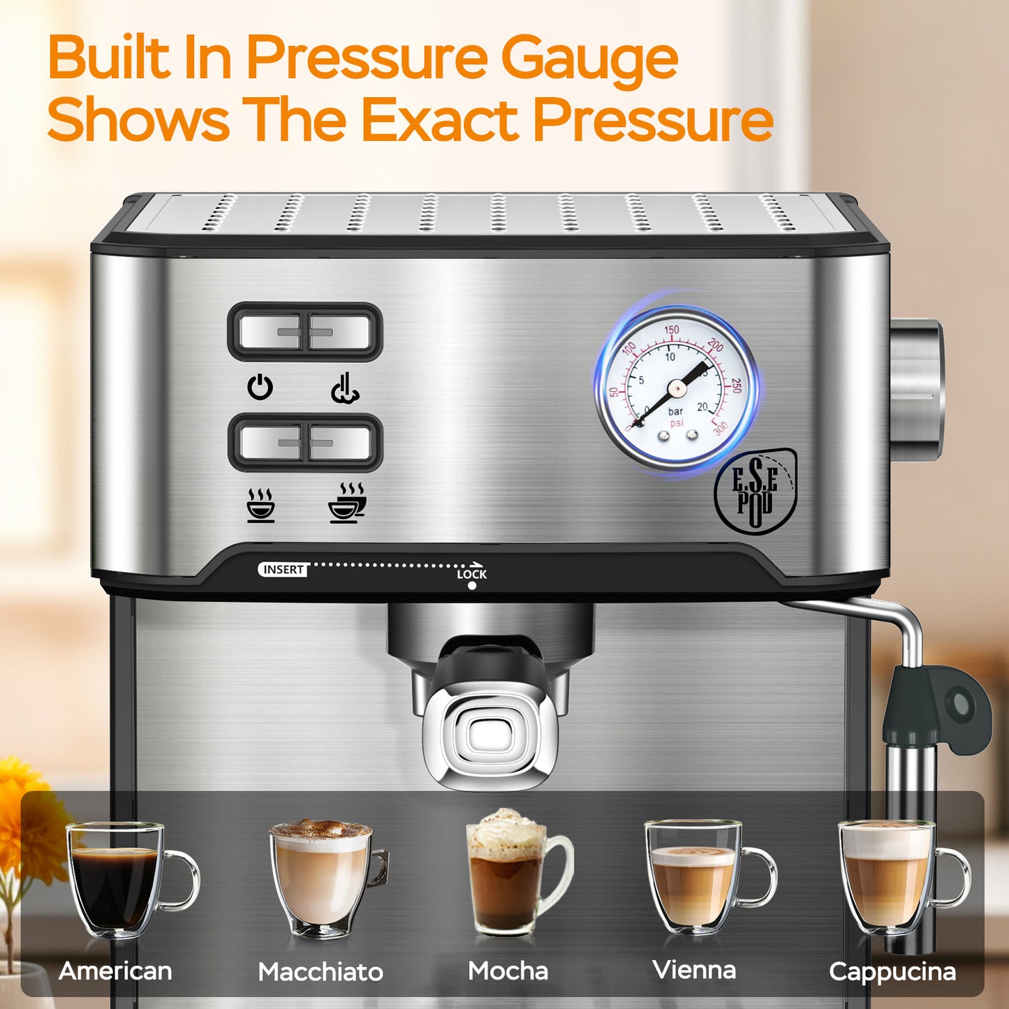 20 Bar Professional Espresso Machine With Milk Frother, Single Double Shot, ESE Pod Compatible.