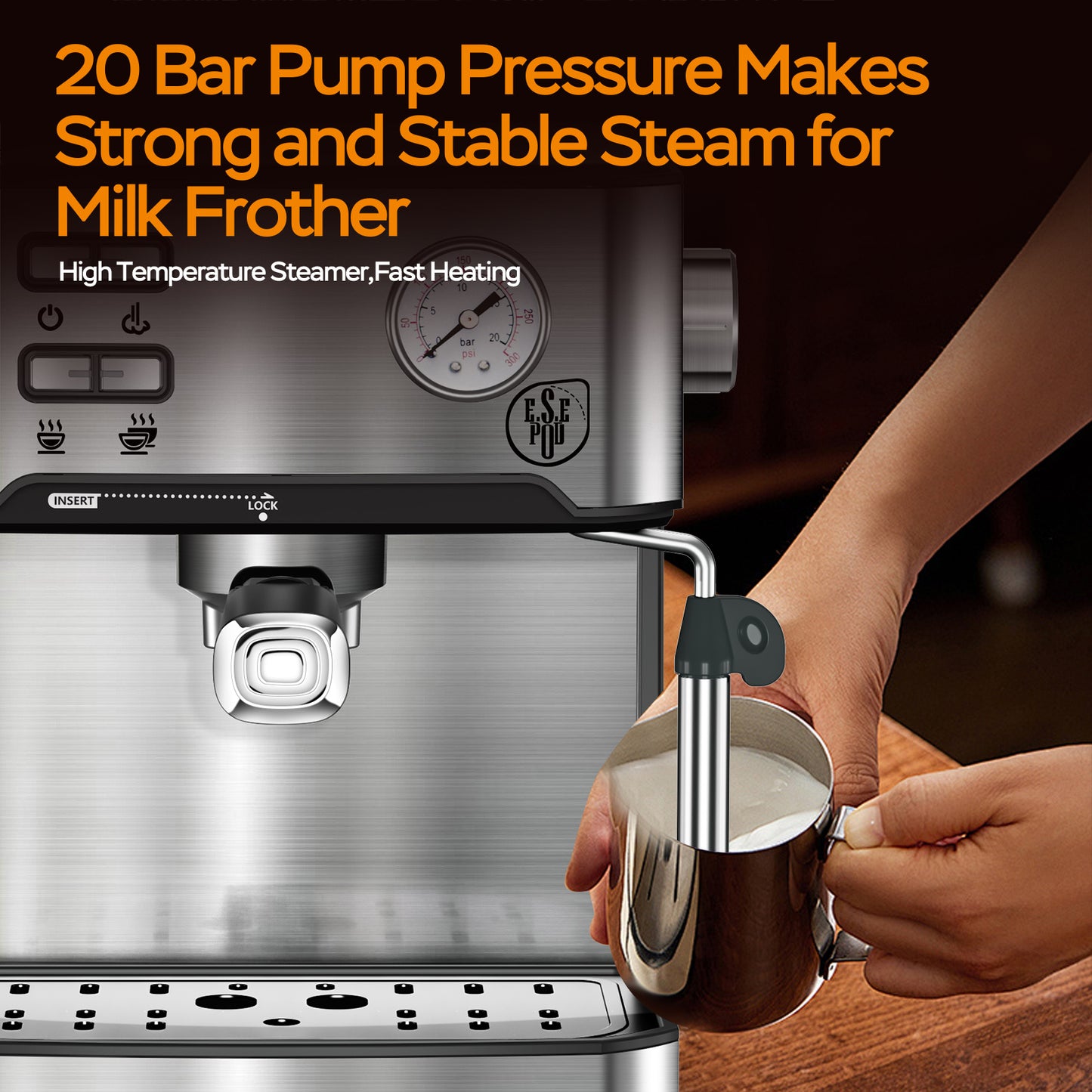 20 Bar Professional Espresso Machine With Milk Frother, Single Double Shot, ESE Pod Compatible.