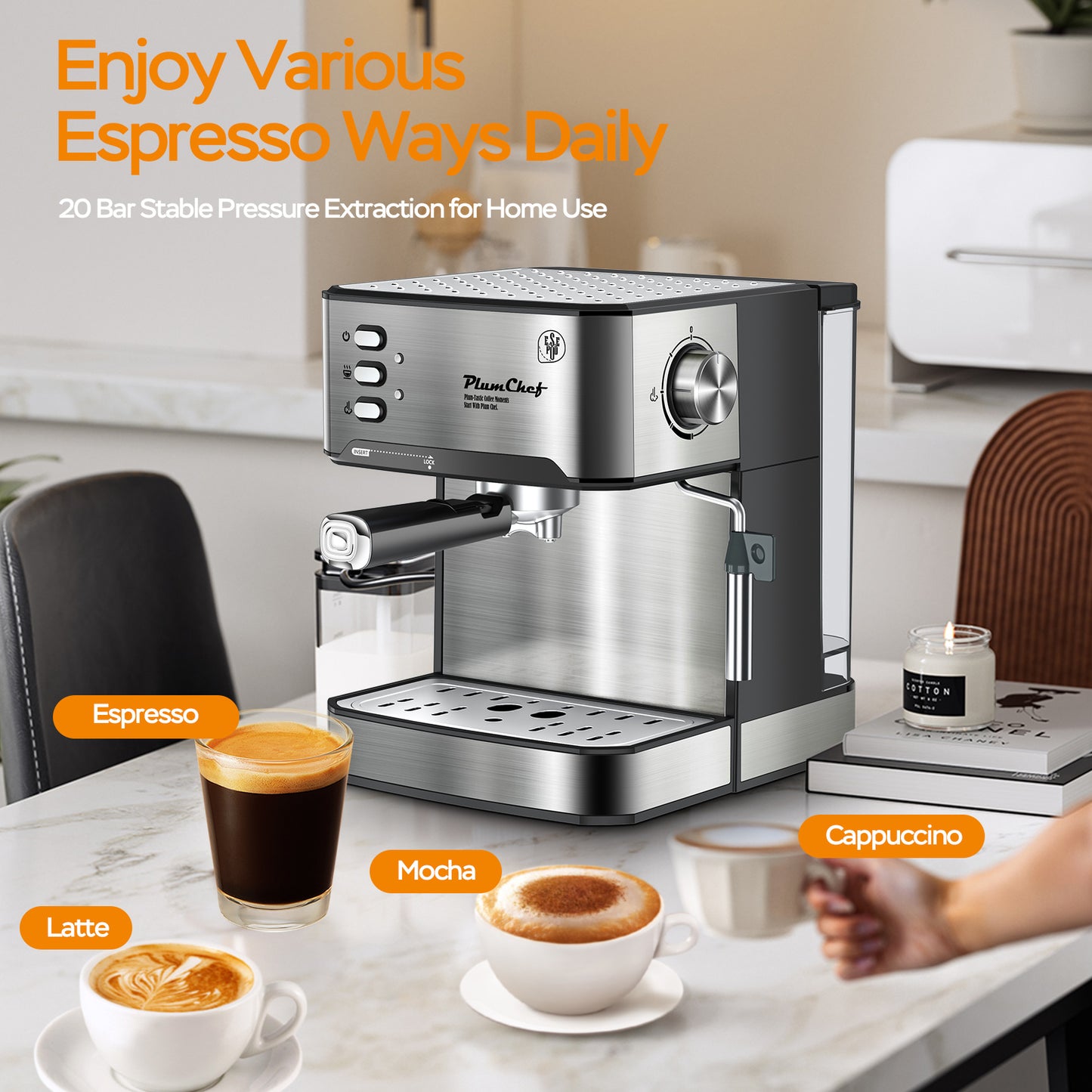 20 Bar Professional Espresso Machine With Milk Frother, Single & Double Shot, ESE Pod Compatible, Visual Display Of Pressure.