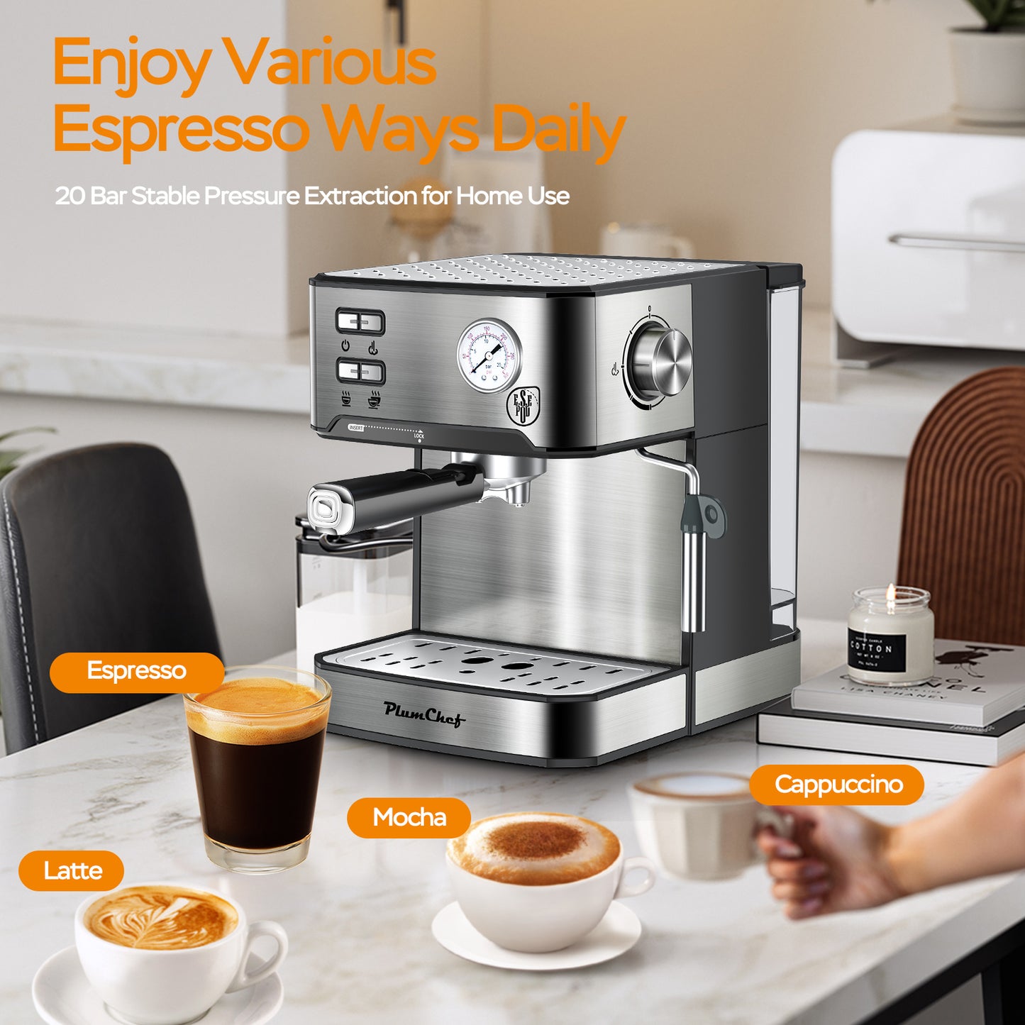 20 Bar Professional Espresso Machine With Milk Frother, Single Double Shot, ESE Pod Compatible.