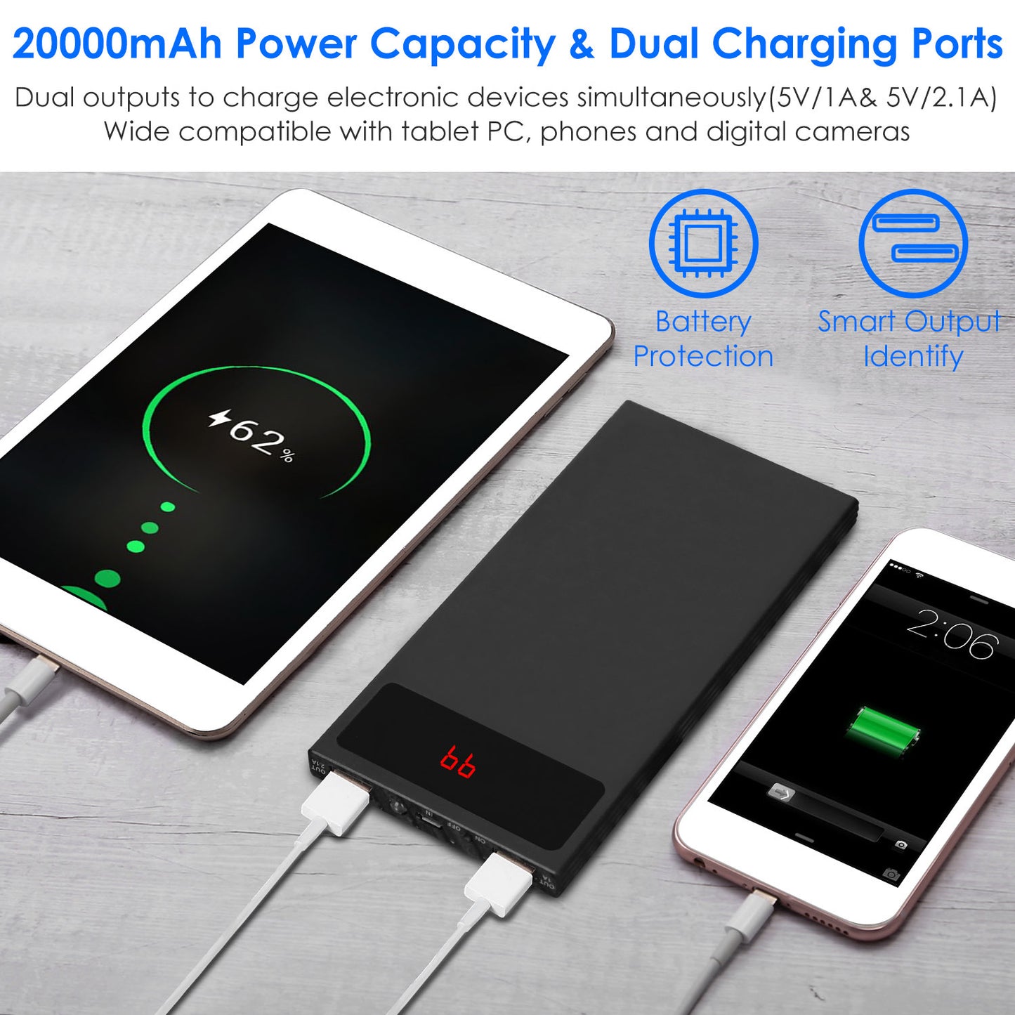 20000mAh Power Bank Ultra-thin Phone Charger Dual USB Port Flashlight.