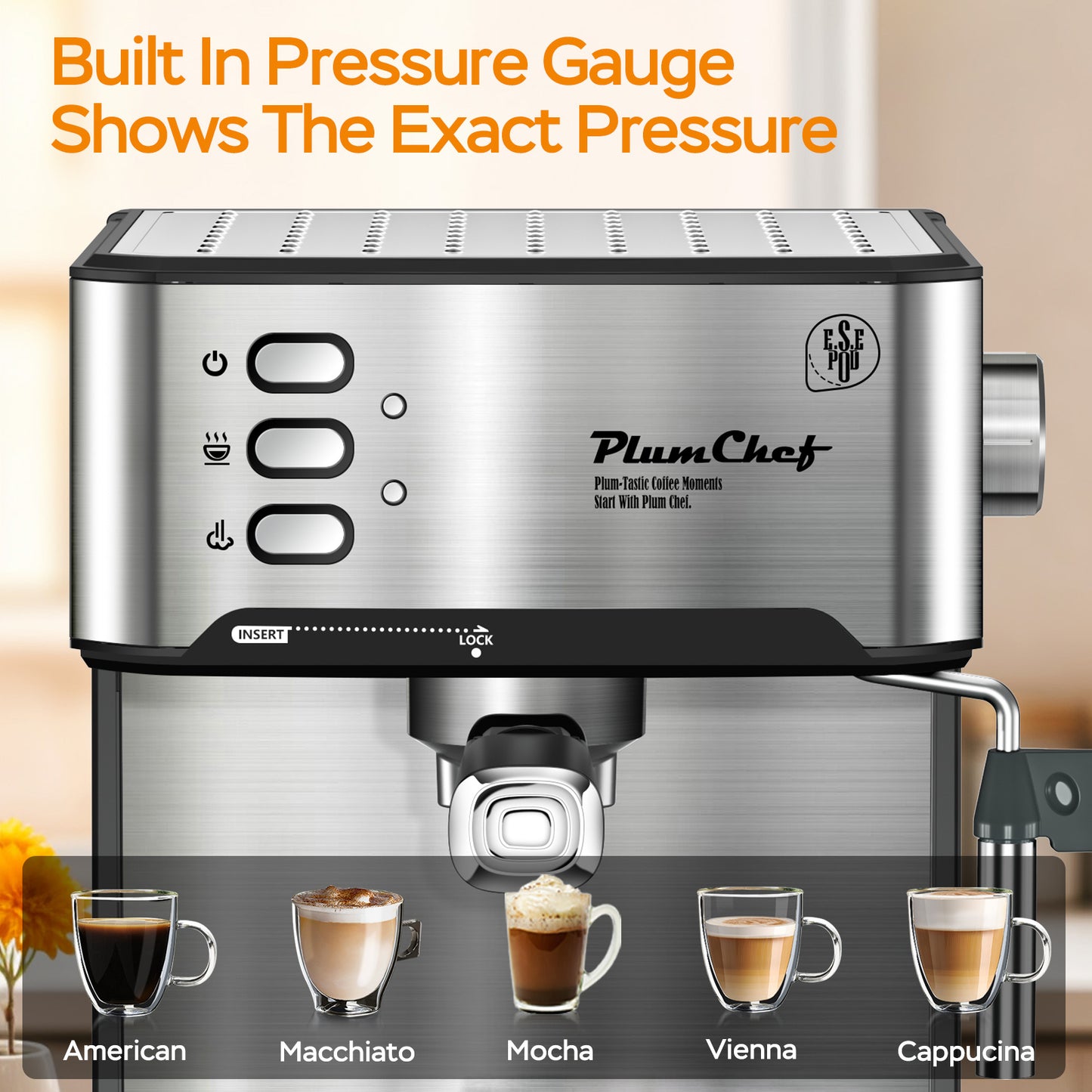 20 Bar Professional Espresso Machine With Milk Frother, Single & Double Shot, ESE Pod Compatible, Visual Display Of Pressure.