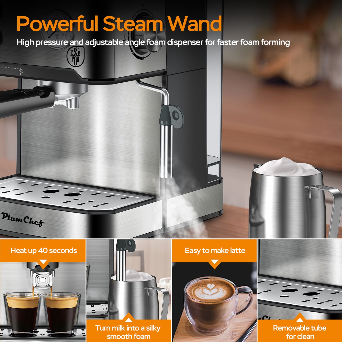 20 Bar Professional Espresso Machine With Milk Frother, Single Double Shot, ESE Pod Compatible.
