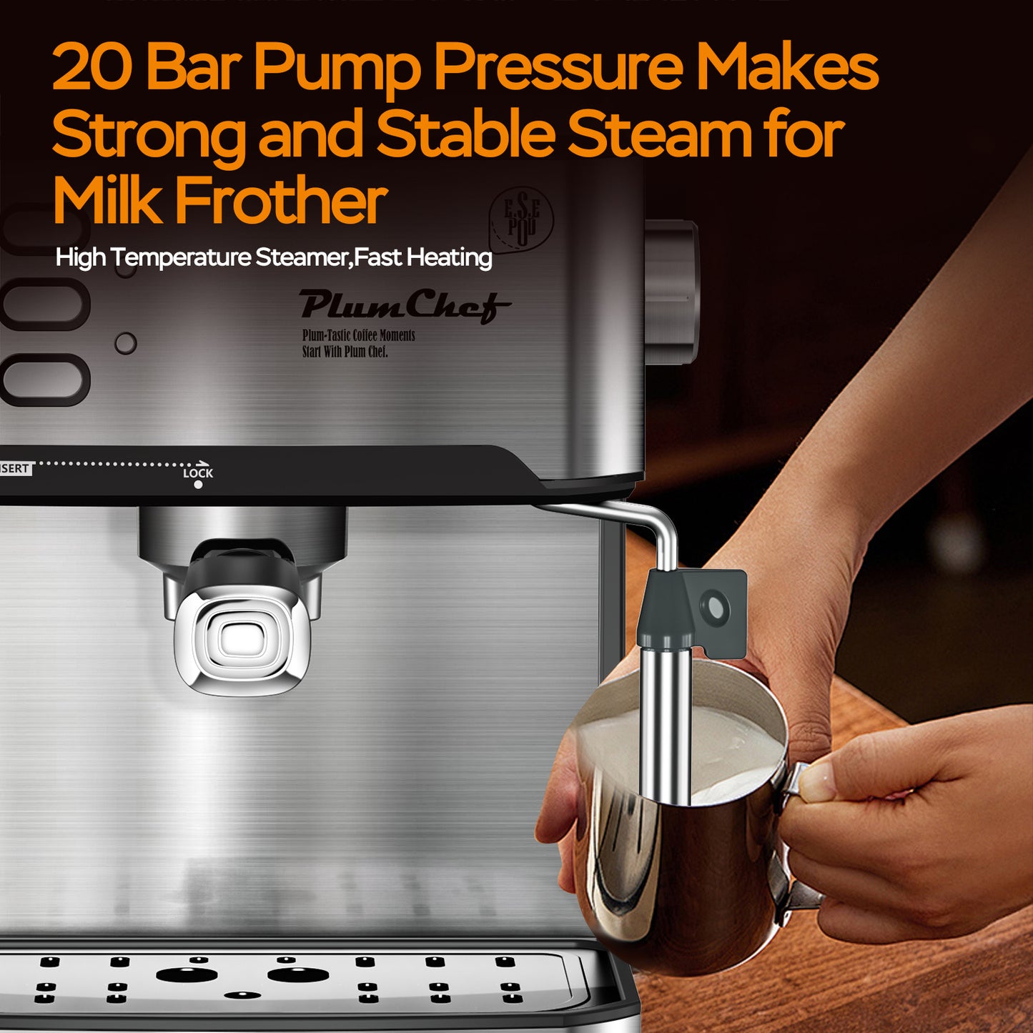 20 Bar Professional Espresso Machine With Milk Frother, Single & Double Shot, ESE Pod Compatible, Visual Display Of Pressure.