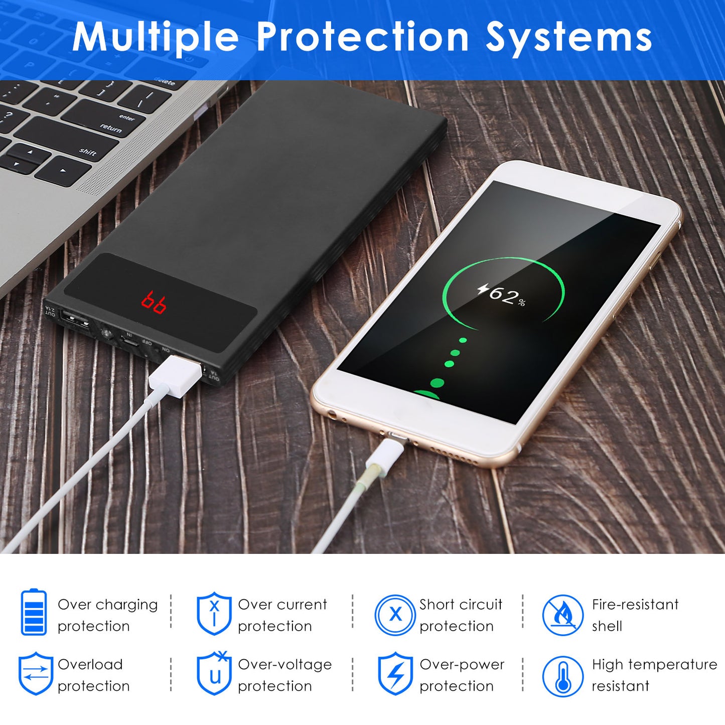 20000mAh Power Bank Ultra-thin Phone Charger Dual USB Port Flashlight.