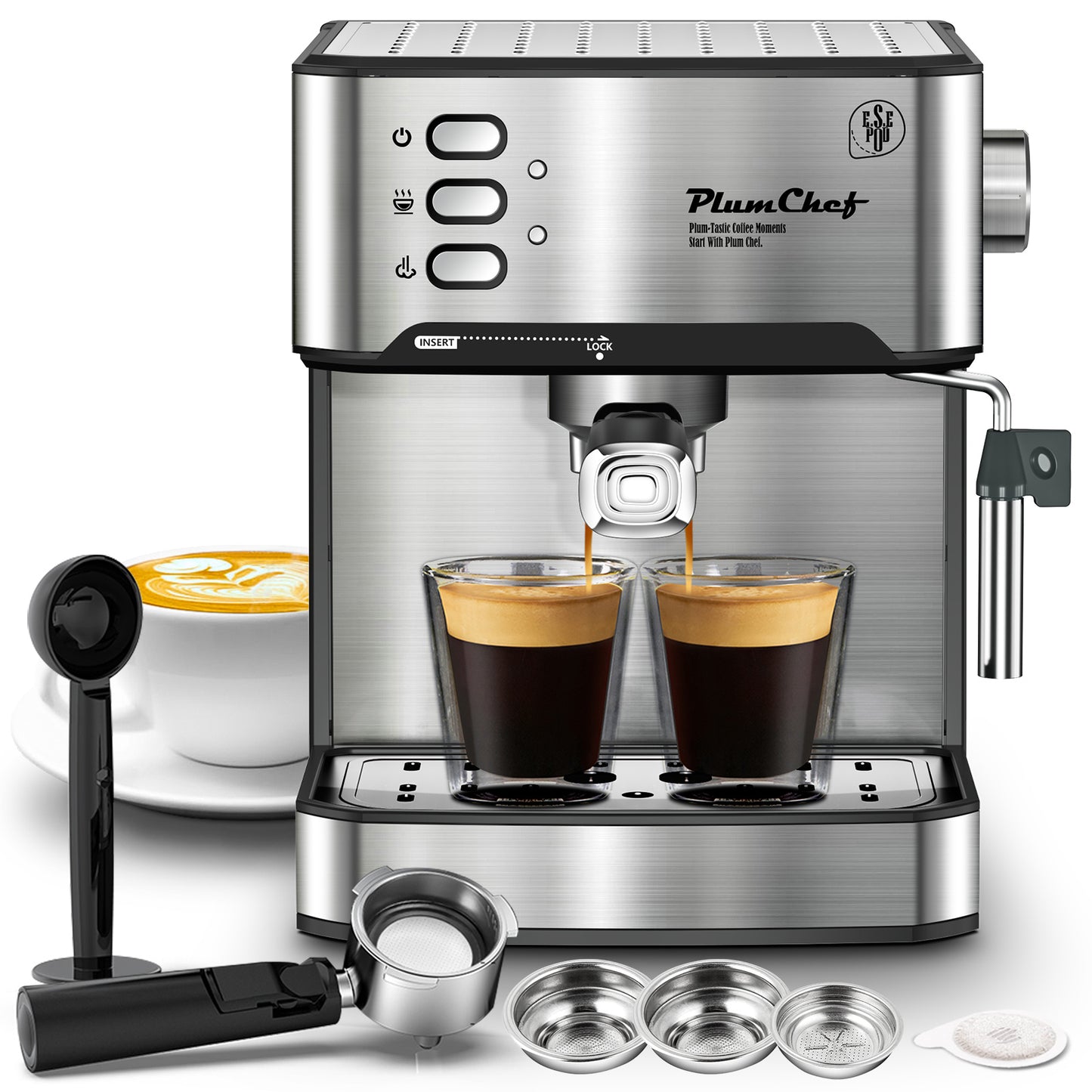 20 Bar Professional Espresso Machine With Milk Frother, Single & Double Shot, ESE Pod Compatible, Visual Display Of Pressure.