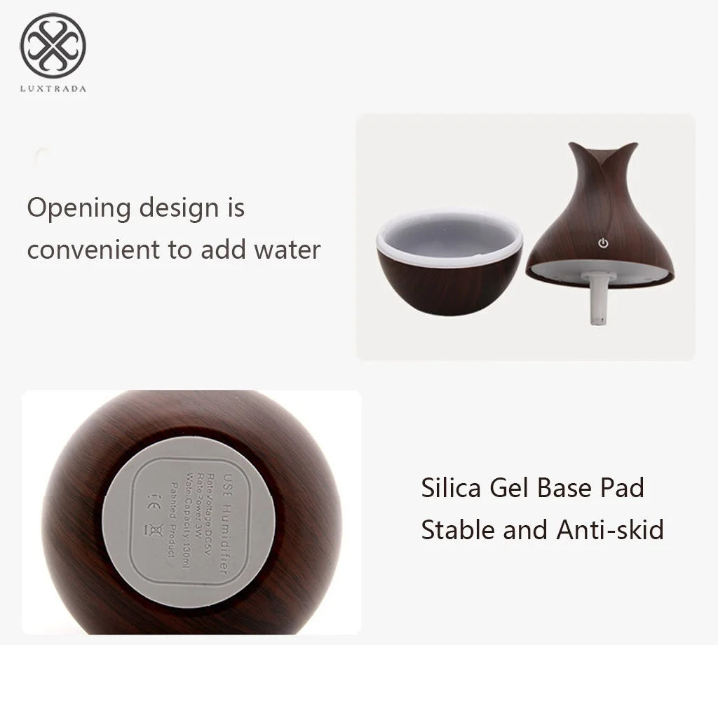 USB 7 LED Wood Grain Aromatherapy Quiet Air Humidifier 130Ml Mini Ultrasonic Cool Mist Humidifier Essential Oil Diffuse (Deep Wood Grain)