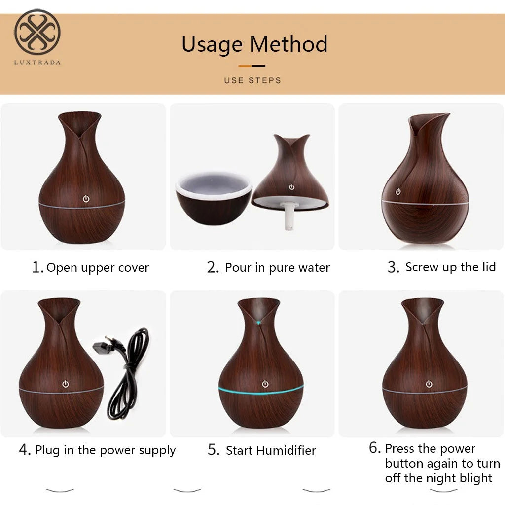 USB 7 LED Wood Grain Aromatherapy Quiet Air Humidifier 130Ml Mini Ultrasonic Cool Mist Humidifier Essential Oil Diffuse (Deep Wood Grain)