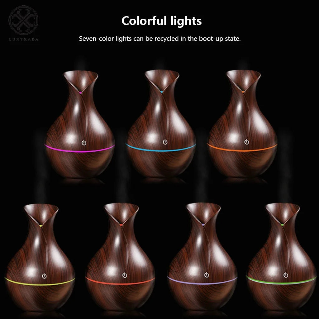 USB 7 LED Wood Grain Aromatherapy Quiet Air Humidifier 130Ml Mini Ultrasonic Cool Mist Humidifier Essential Oil Diffuse (Deep Wood Grain)
