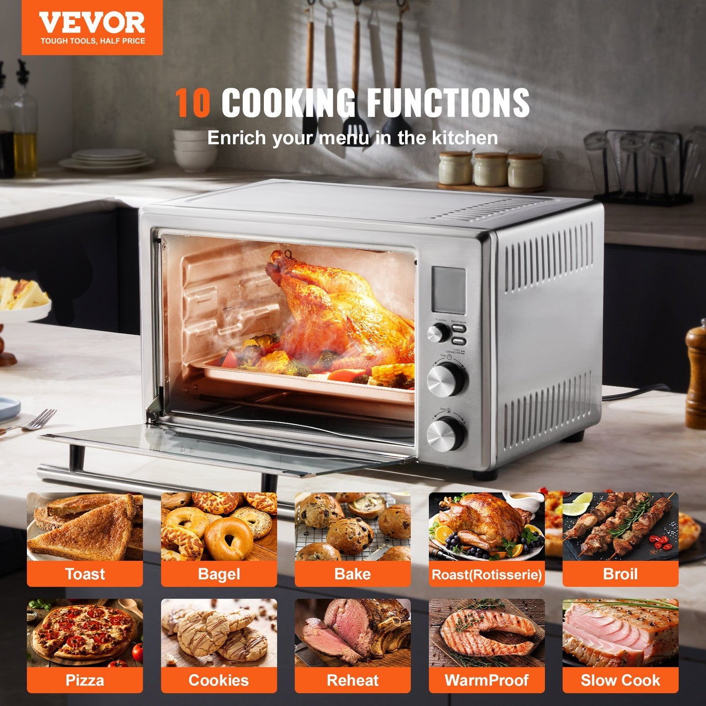 VEVOR Countertop Convection Oven 28L Toaster Baker 10-IN-1 1800W For Home