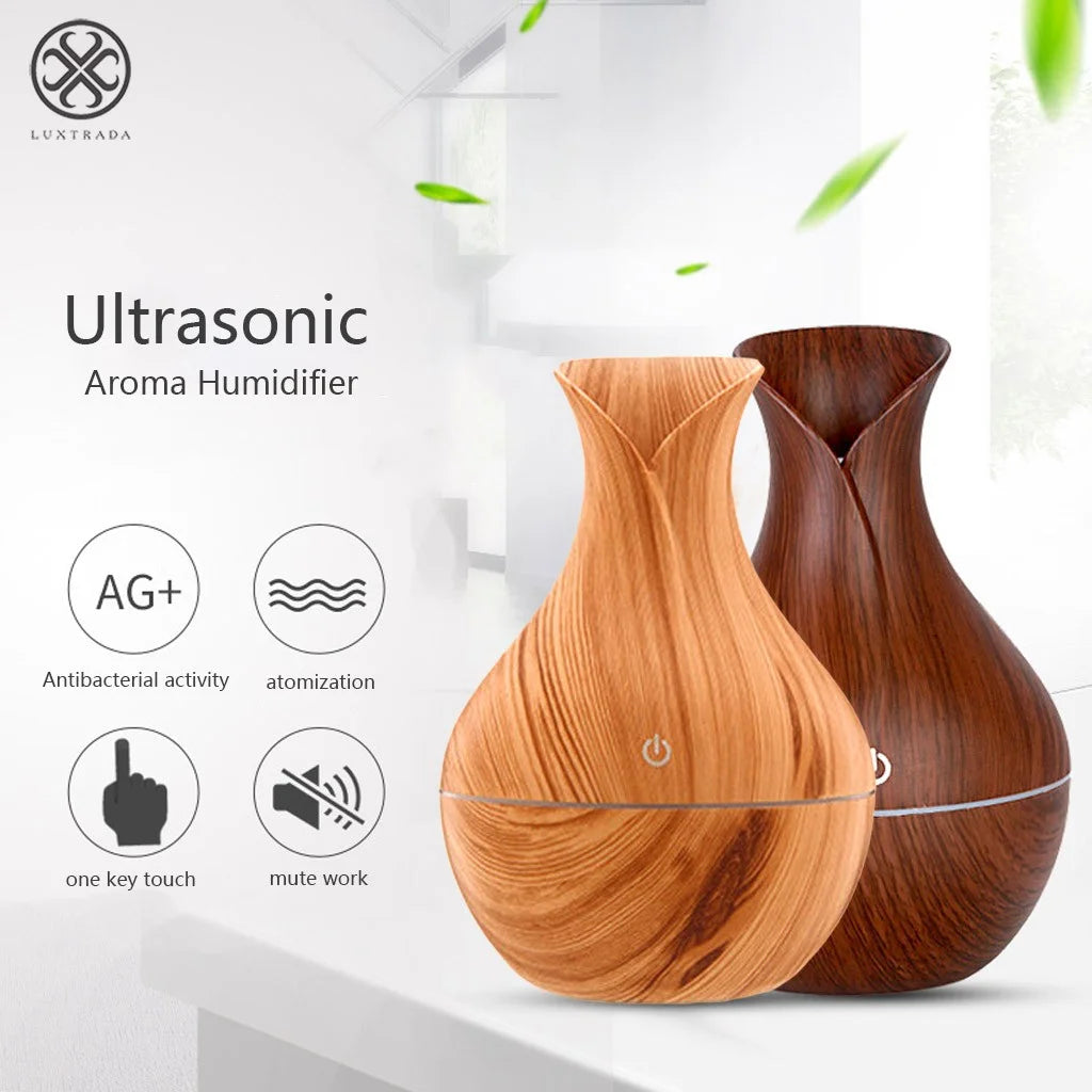 USB 7 LED Wood Grain Aromatherapy Quiet Air Humidifier 130Ml Mini Ultrasonic Cool Mist Humidifier Essential Oil Diffuse (Deep Wood Grain)