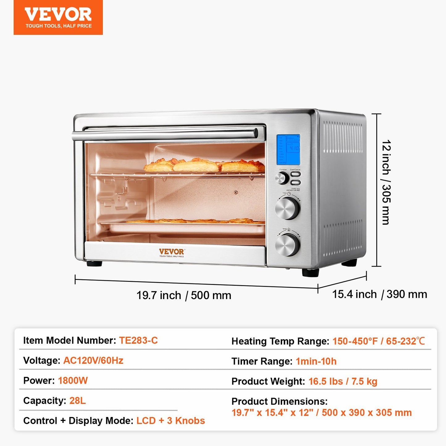 VEVOR Countertop Convection Oven 28L Toaster Baker 10-IN-1 1800W For Home